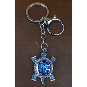 Turtle Ocean Blue Rhinestone Crystal Silver Tone Keychain Backpack Purse Clip